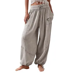 Women Loose Fitness Trousers Solid Color High-waisted Sweatpants Drawstring Elastic Waist Pocket Casual Pants Summer Sweat Pants