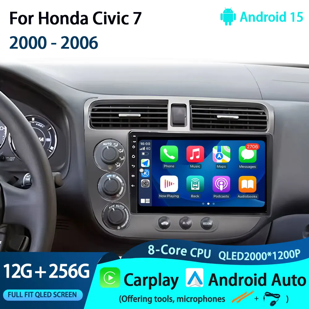 

For Honda Civic 7 2000 - 2006 Android 15 Wireless Carplay 5G WIFI GPS Head Unit Auto Multimedia Car Radios Stereo no 2din Navi