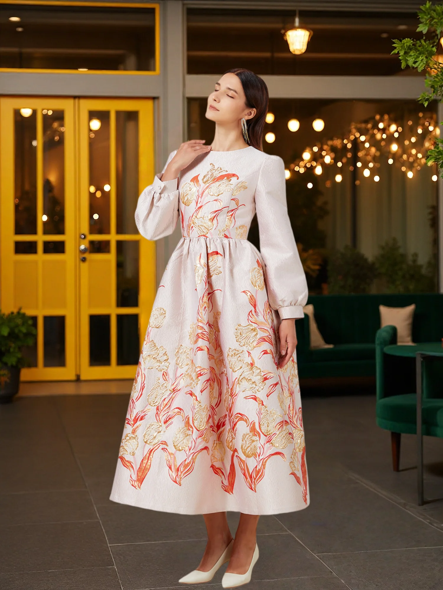 Robe Jacquard en Jacquard pour l'industrie lourde, nouveau Style, col rond, ligne a, Orange, or, florale, élégante, pour Banquet, automne-hiver