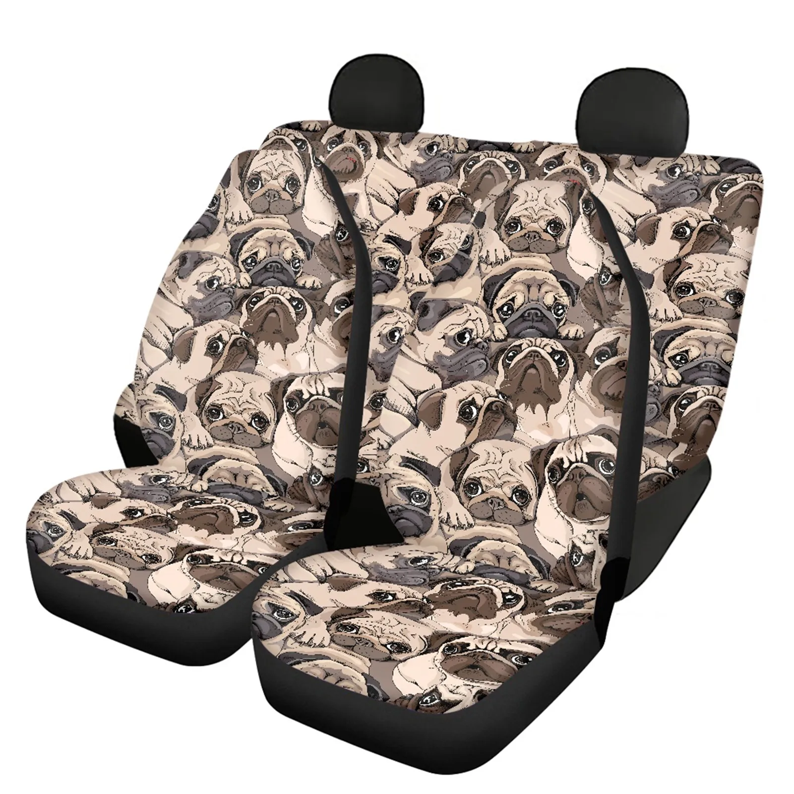 Cute Pug Dog Pattern Universal Fit Car Seat Covers Front Drive and Bench Seat Protector Pads Set of 4 Cushioin Cover