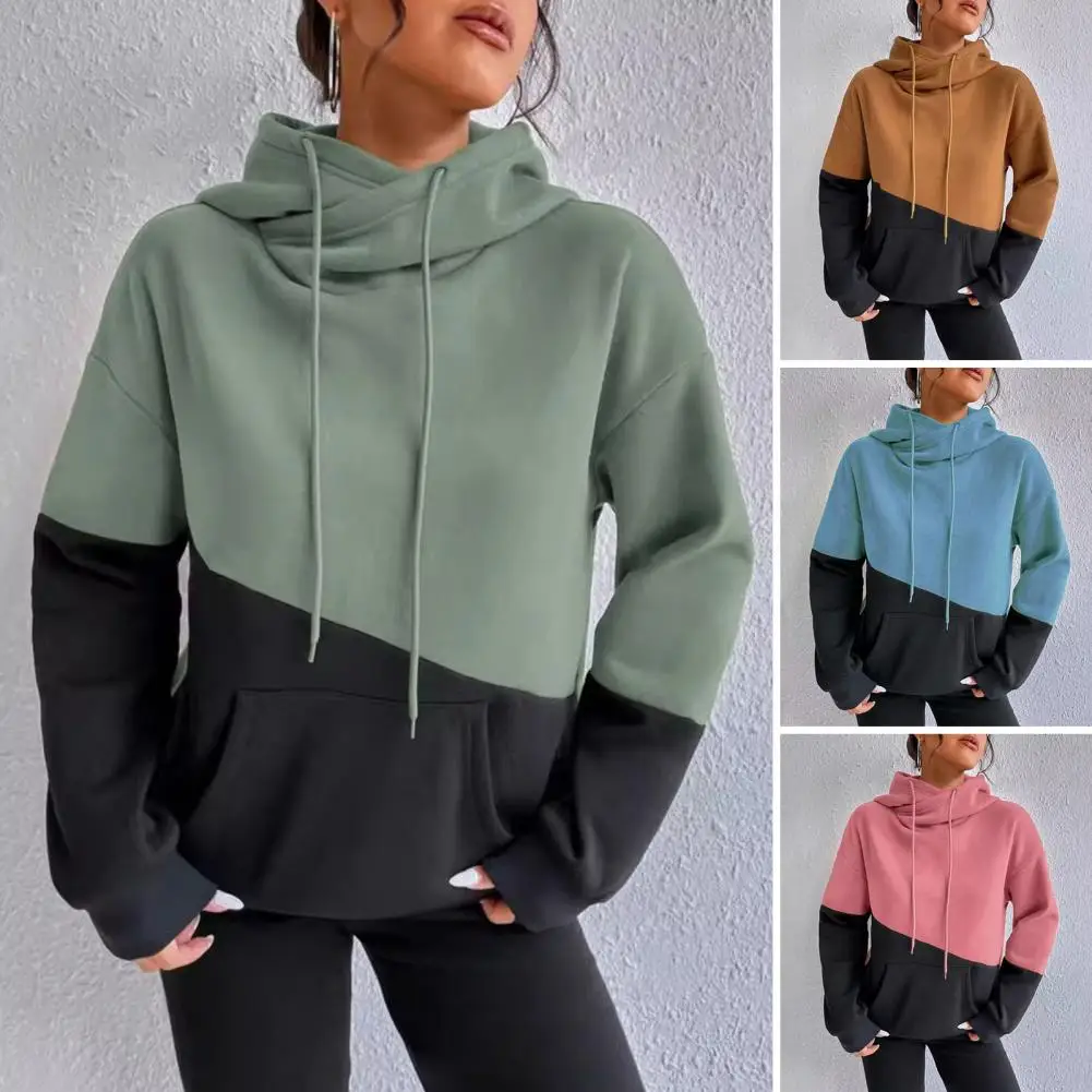 Lady Fall Winter Hoodie Colorblock Drawstring Hooded Sweatshirt Elastic Cuffs And Hem Thick Sport Fitness Top With Big Pocket