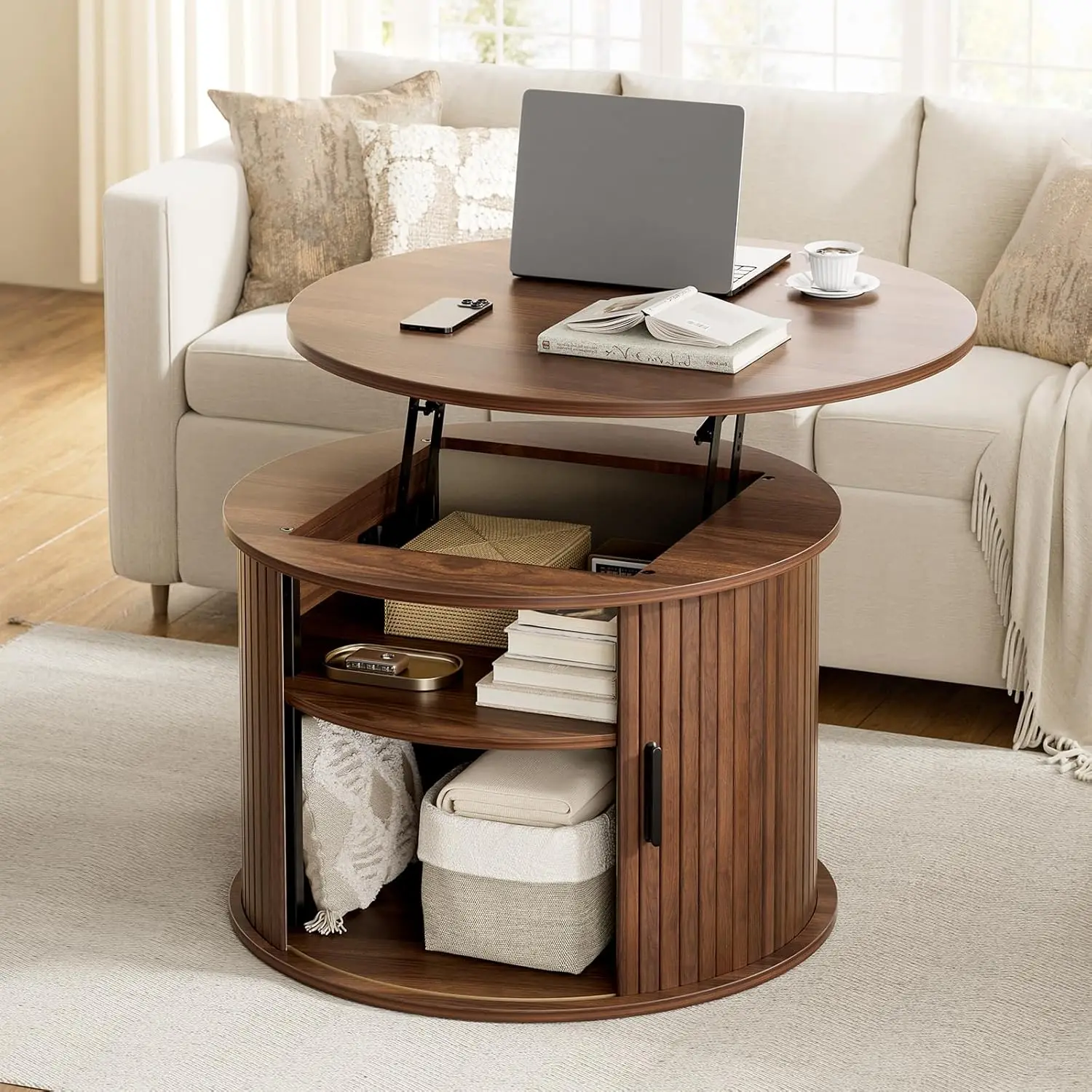 Round Lift Top Coffee Table, Fluted Wood Accent Coffee Table with Hidden Storage and Open Shelves, Drum Table with Sliding Rolli