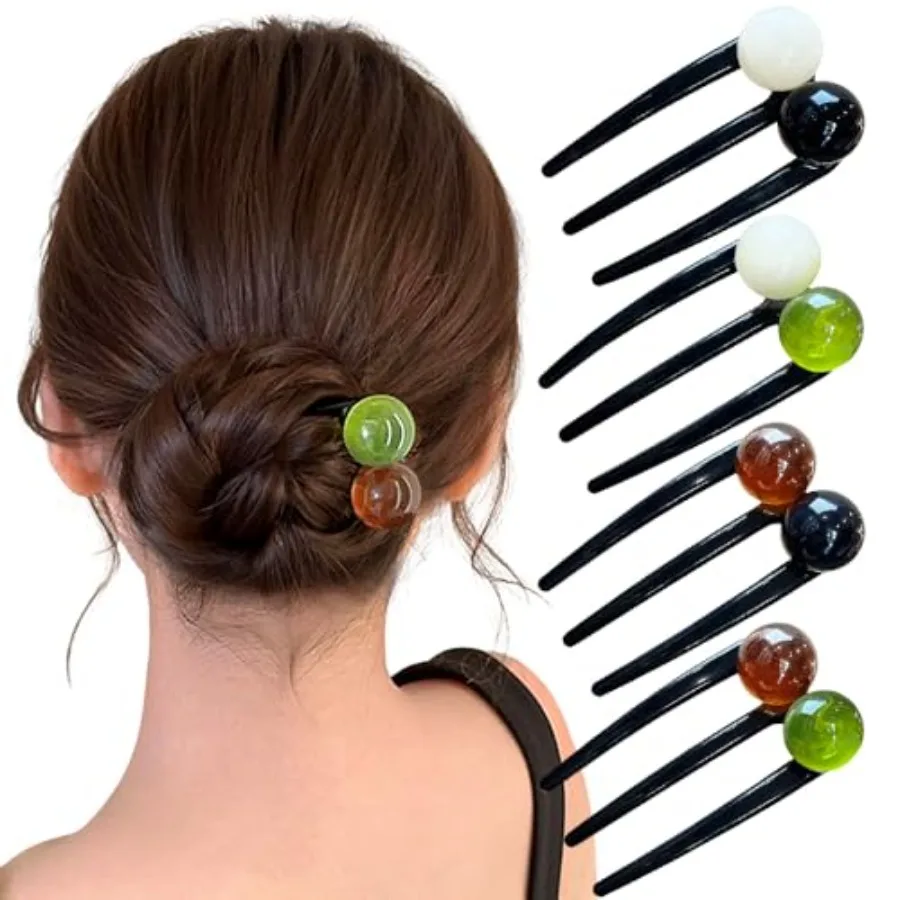 

4Pcs U Shaped French Hair Pin 3-fork Hairpins Vintage Pearl Beads Decorative Hair Pins for Women French Pin Plastic Hairpin Wom