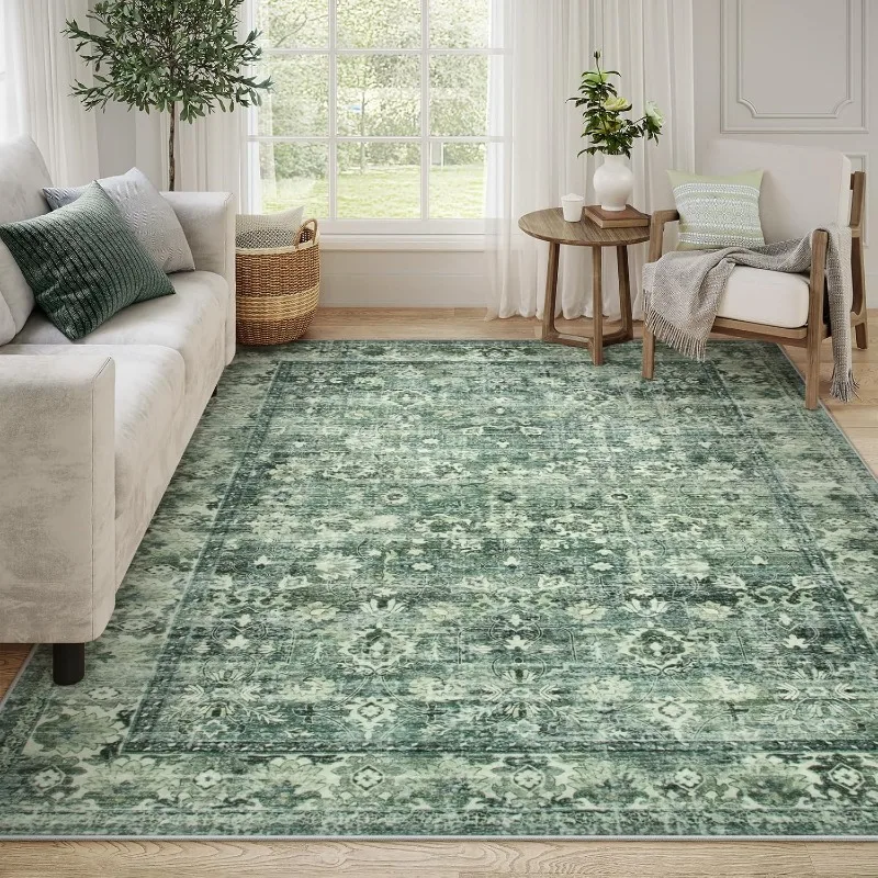 Large Green Rugs for Living Room Boho Rug Vintage Floral Decor Non-Slip Rug Soft Retro Non-Shedding Mat for Bedroom Dining Room