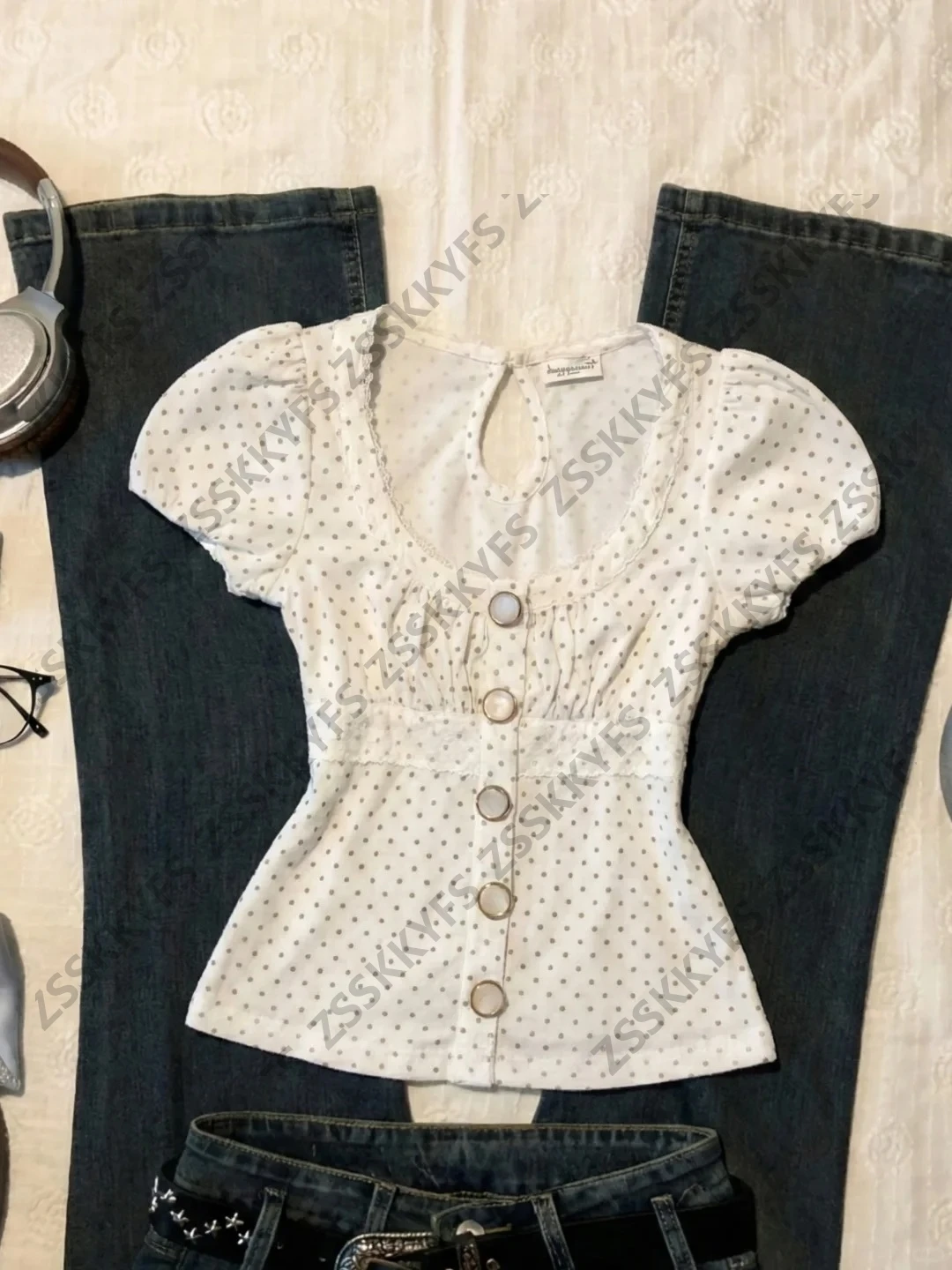 Cuteore Polka Dot Vintage Button Women's T-shirt Harajuku Korea Y2k Aesthetic Slim Female Tshirts 2000s Clothes Summer Tees Girl