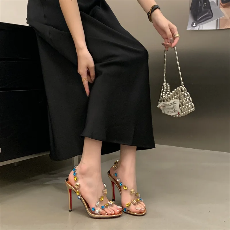 Crystal Studded PVC Heels Women Multicolor Rhinestone Ankle Strap Open Toe Stilettos Nightclub Date Night Cocktail Party