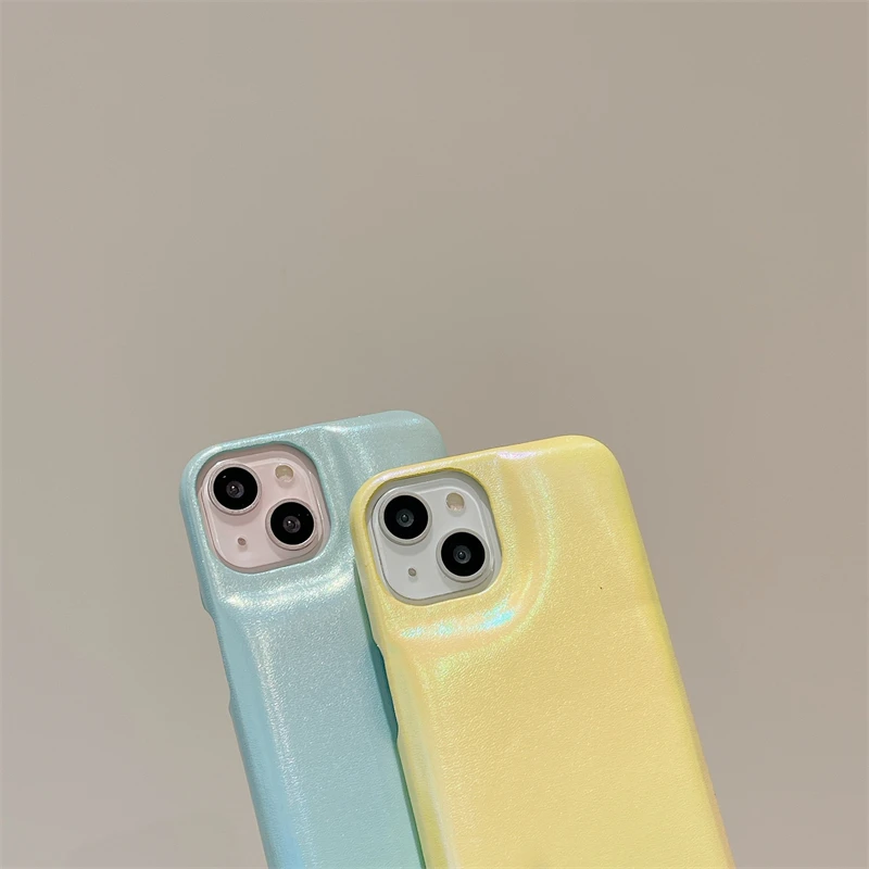 Laser Colorful Soft Touch PU Leather Simple Bread Phone Case for iPhone 13 14 15 Pro Max Pure Color Hard PC Back Cover Shell