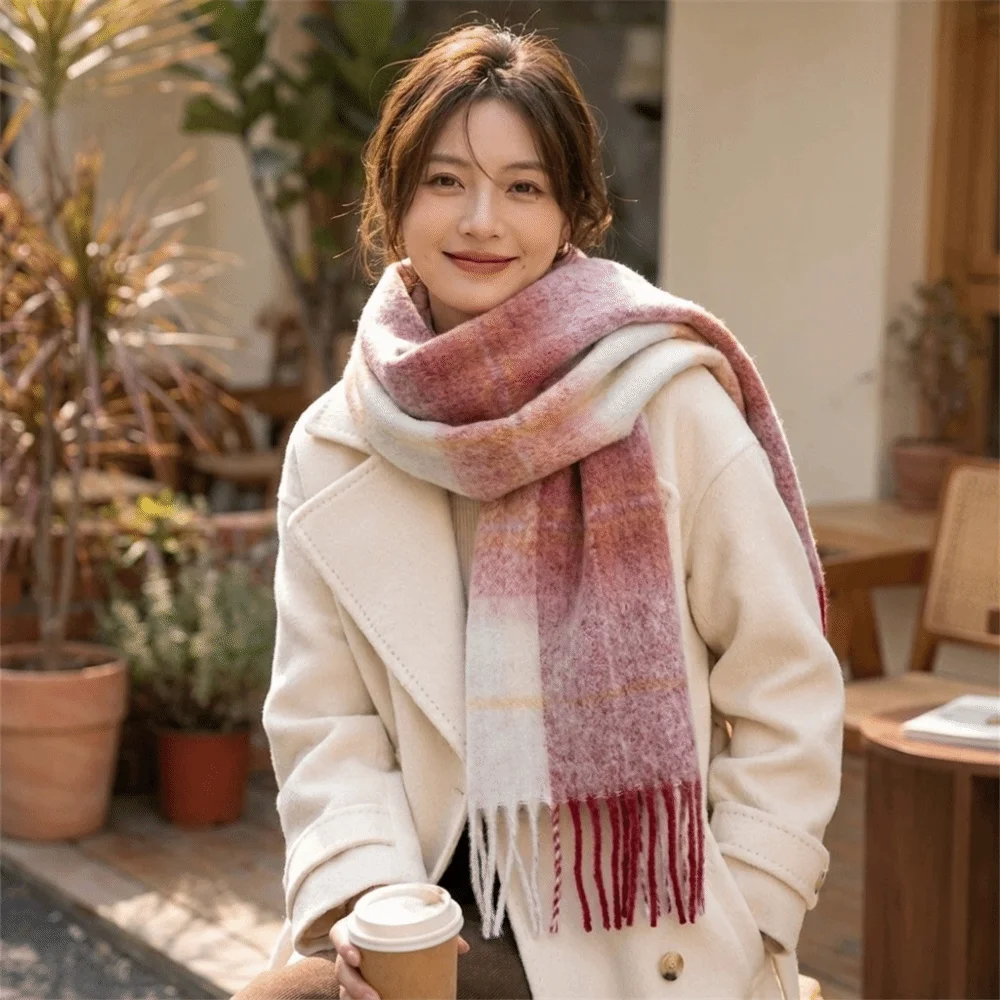 Cozy Soft Faux Cashmere Scarf Classic Tassels Thickened Blanket Scarf Color-Block Plaid Design Warm Stripe Shawl Cold-Weather