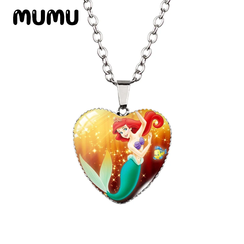 2024 New The Little Mermaid Heart Necklace Glass Printed Photo Pendant Handmade Jewelry Gifts Children