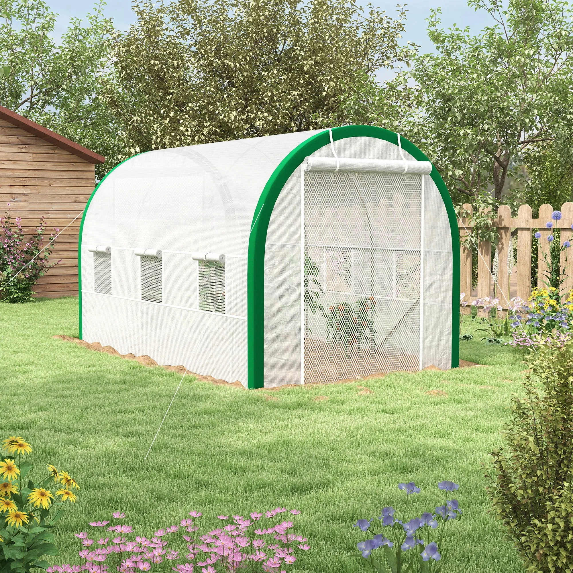 Foliengewächshaus 3,58 x 2,1 x 2,1 m Tunnelgewächshaus mit Rolltor für Garten & Balkon, verzinkter Stahl, weiß