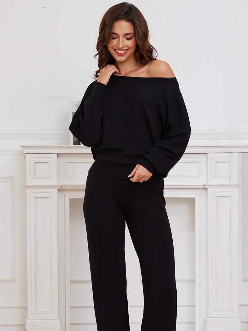 

Elegant Loungewear Knitted 2 Piece Set Knit Pants and Sweater Matching Set Women Casual Winter Knitted Two Piece Sets Women 2024