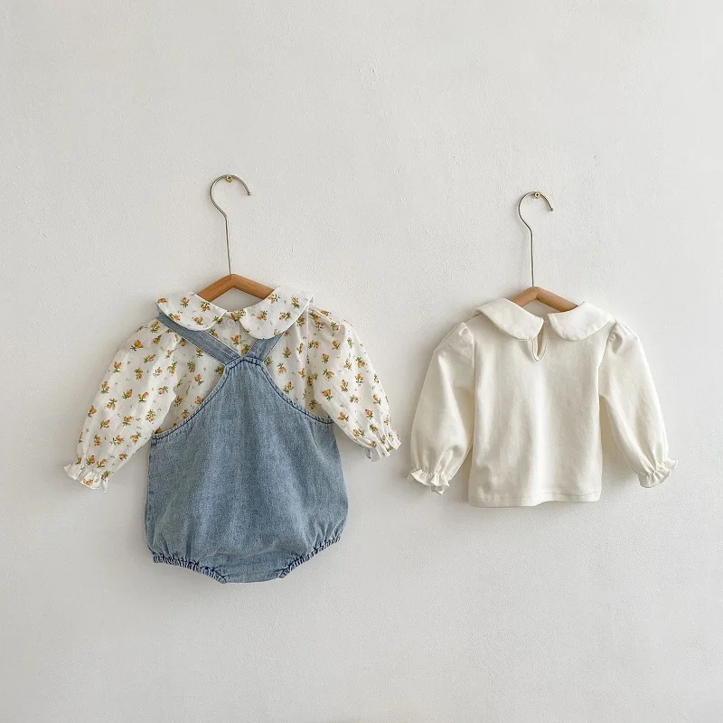 2023 Autumn Baby Girl Clothes Long Sleeve Peter Pan Collar Flower T-shirt Tops Pocket Denim Romper Bodysuit INS Outwear 0-24M