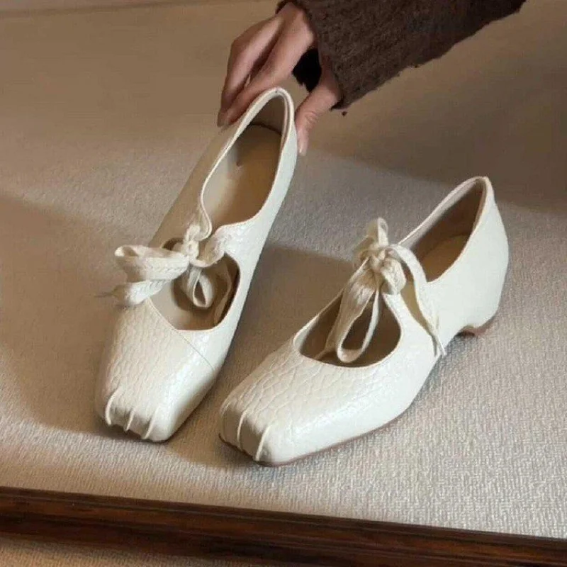 

Women's Soft Leather Ballet Flats White Gentle Round Head Commute Bow Tie Low Cut Comfortable Mary Janes Versatile