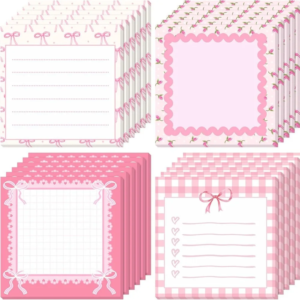 4 Styles Bow Rose Memo Note Pads Lined Grid Blank Page Notepaper for Journal Planner Daily Reminder Office School Stationery