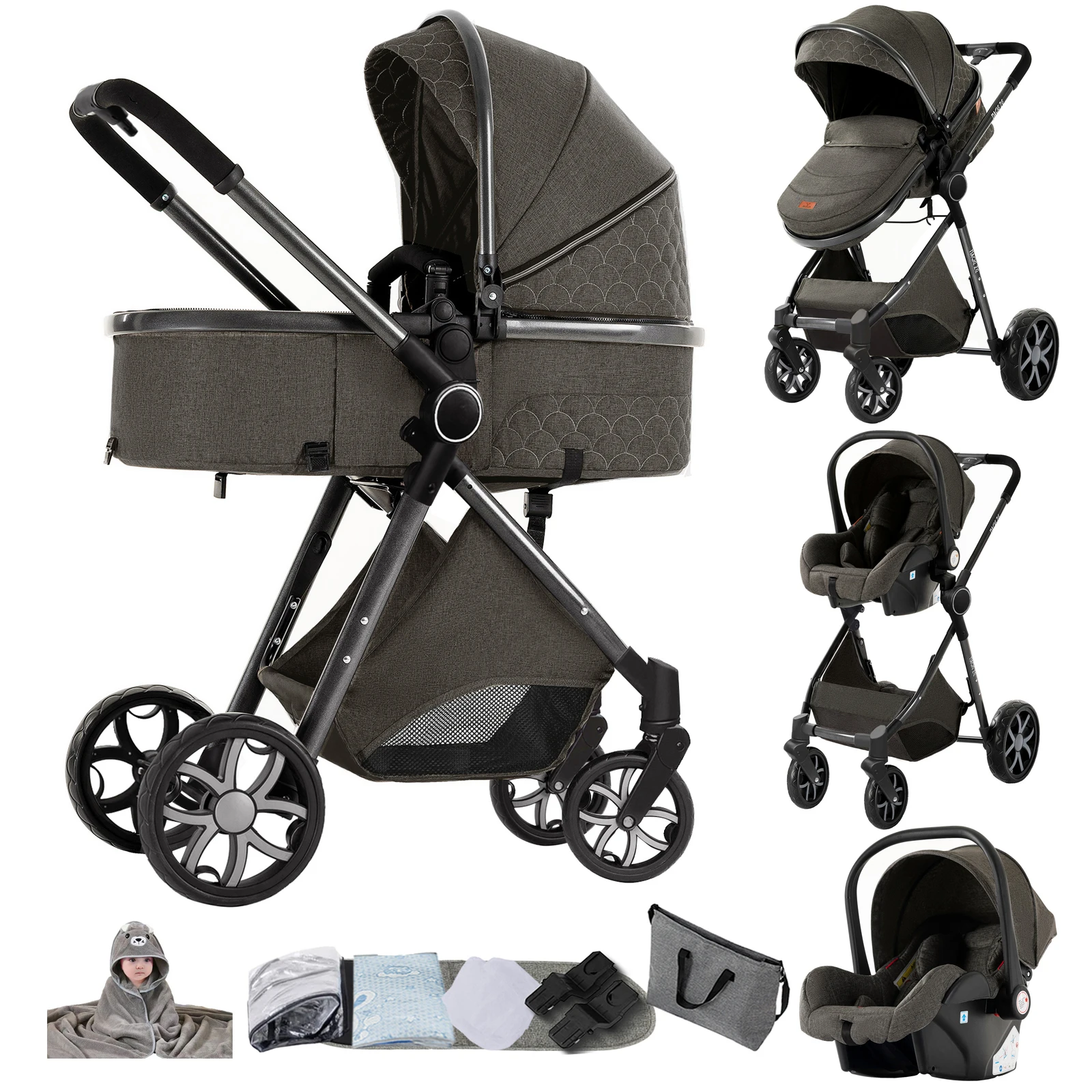 Magic ZC 3-in-1 Baby Reiswiegensysteem, Compacte Opvouwbare Kinderwagen met Reiswieg, Babyautostoeltje en Omkeerbare Zitting, Hoge Landschapswagen, Schokdemperwielen, Verstelbaar Handvat, Eénhands