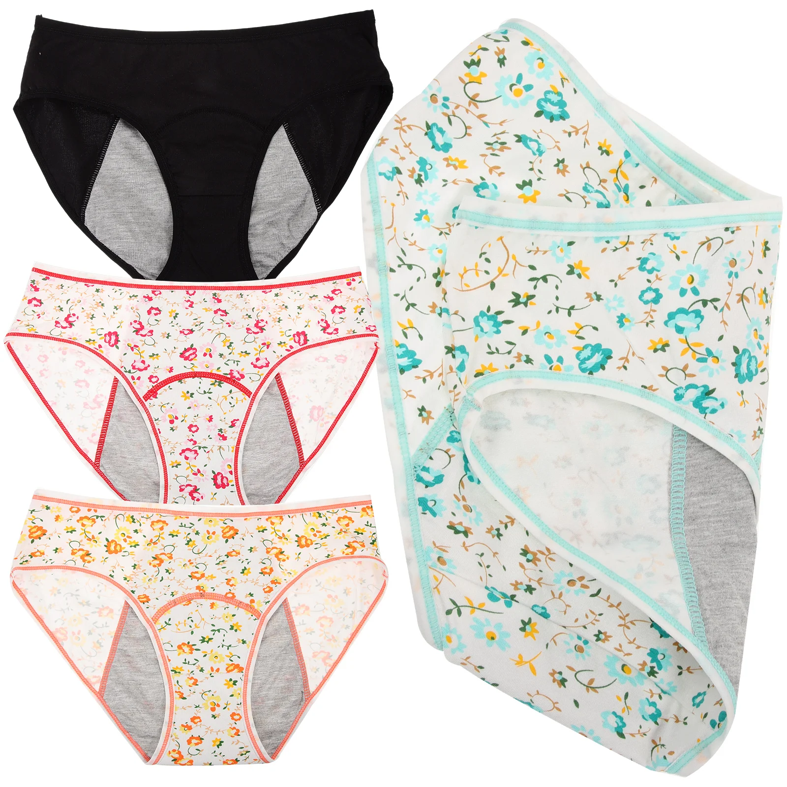 

4 Pcs Teen Girl Period Underwear proof Period Panties M Size Floral Green Red Menstrual Underwear Comfortable