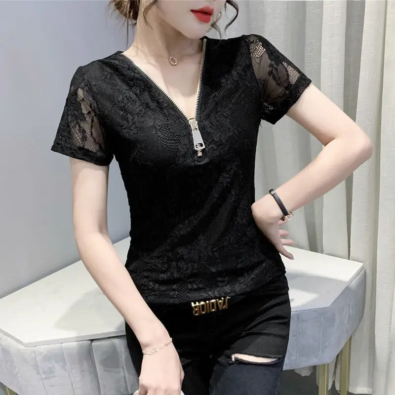 New Summer Women's Solid Colors V-Neck Zipper Short Sleeve Lace Gauze Sexy Pullovers Appear Thin Classic Fashion CommuteTops