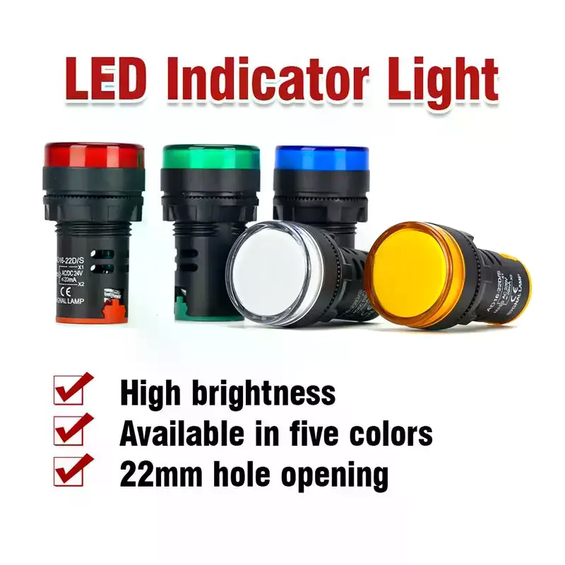 Indicator Signal Lamp Light AD16-22DS 22mm Panel Mount DC 12V 24V 110V 220V 380V Red Green Yellow Blue White LED Bulb 20mA