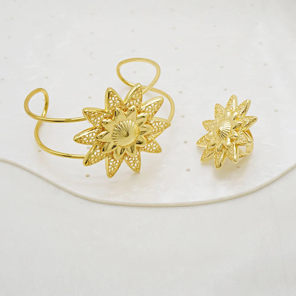 2025 NEW  Luxury Ethiopian Flower Jewelry Sets Necklaces Earrings Rings Forehead-Chain Eritrean African Habesha Accessories Gift