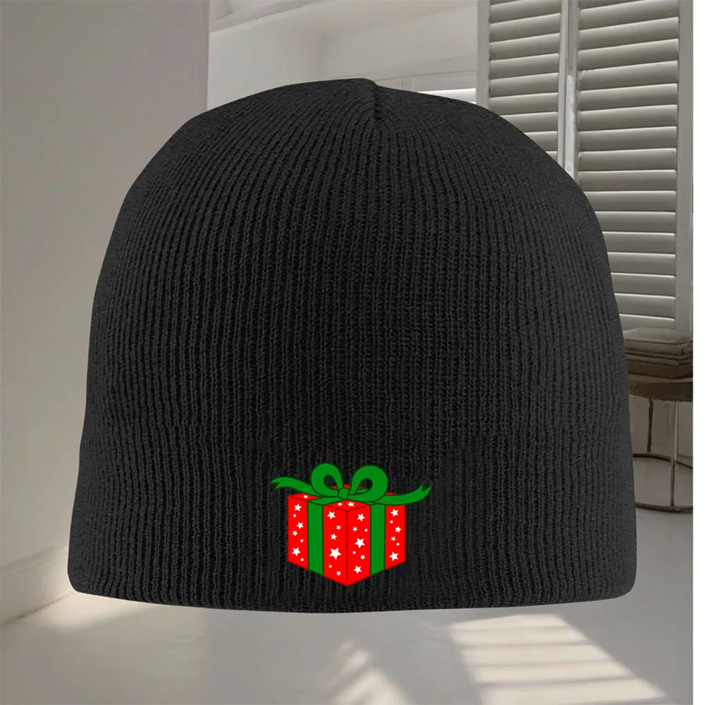 1pc Christmas Gift Beanie Hat Windproof Thermal Ski Cap with Red Green Gift Box Design Warm Winter Hat for Men Women Print