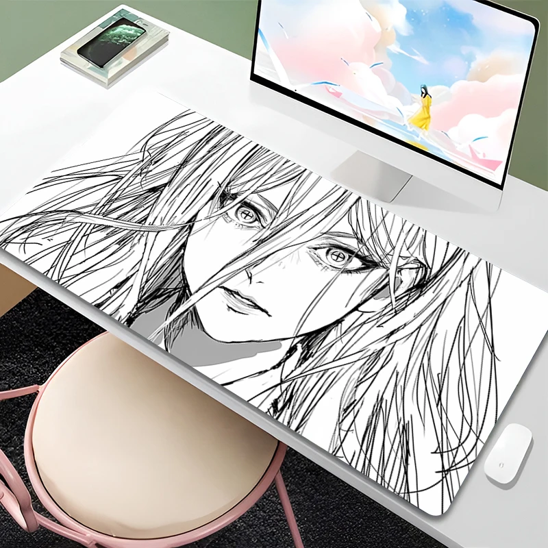 

Mouse Pad Laptop Gaming Accessories Keyboard Pad Black And White Anime Girl Power Desk Mat PC Chainsaw Man Kawaii Gamer Mousepad