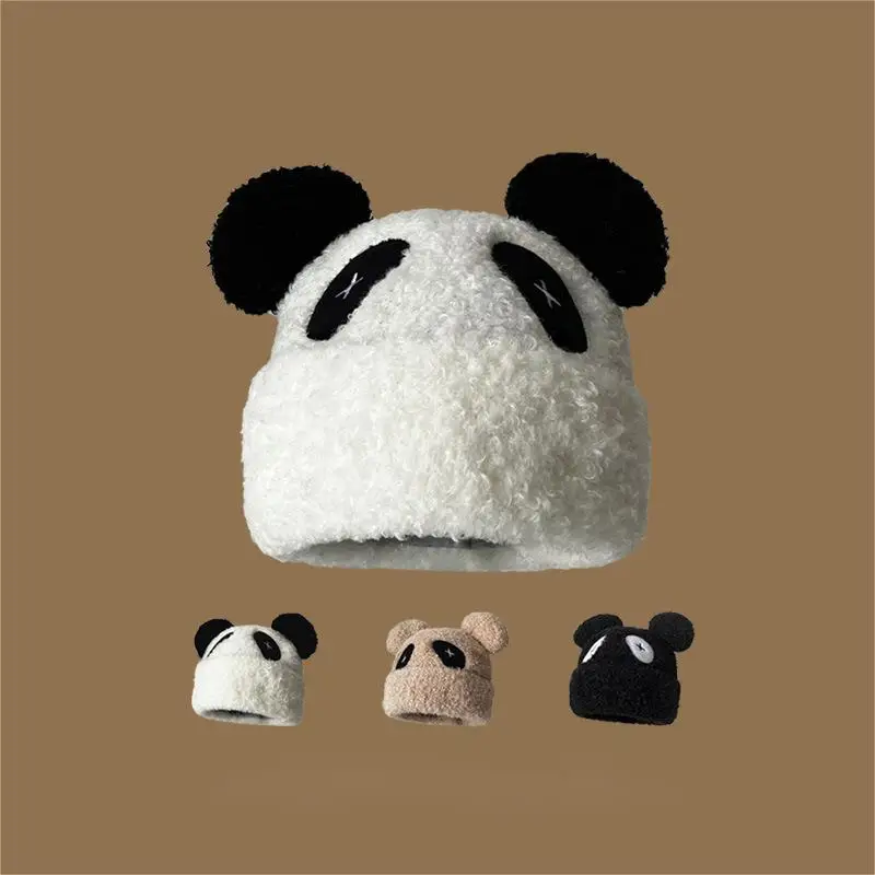 Woolen Hat Women Plus Velvet Thickened Black and White Panda Winter Warm Ear Protection Cute Knitted Hat Students Cycling