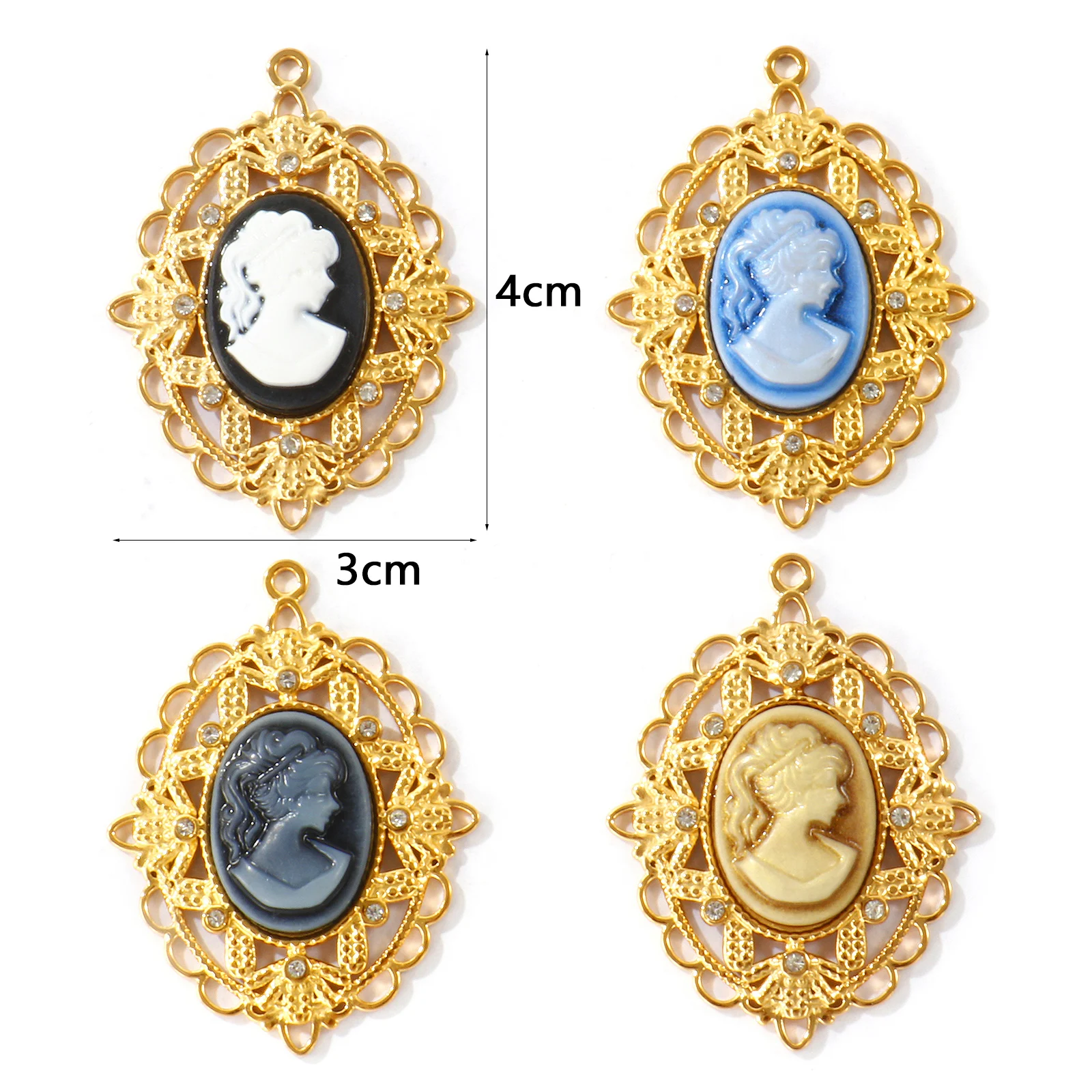 1Pc Vintage Cameo Lady Portrait Pendant Stainless Steel 18K Gold Plated Oval Charms Clear Rhinestones For DIY Necklace Jewelry