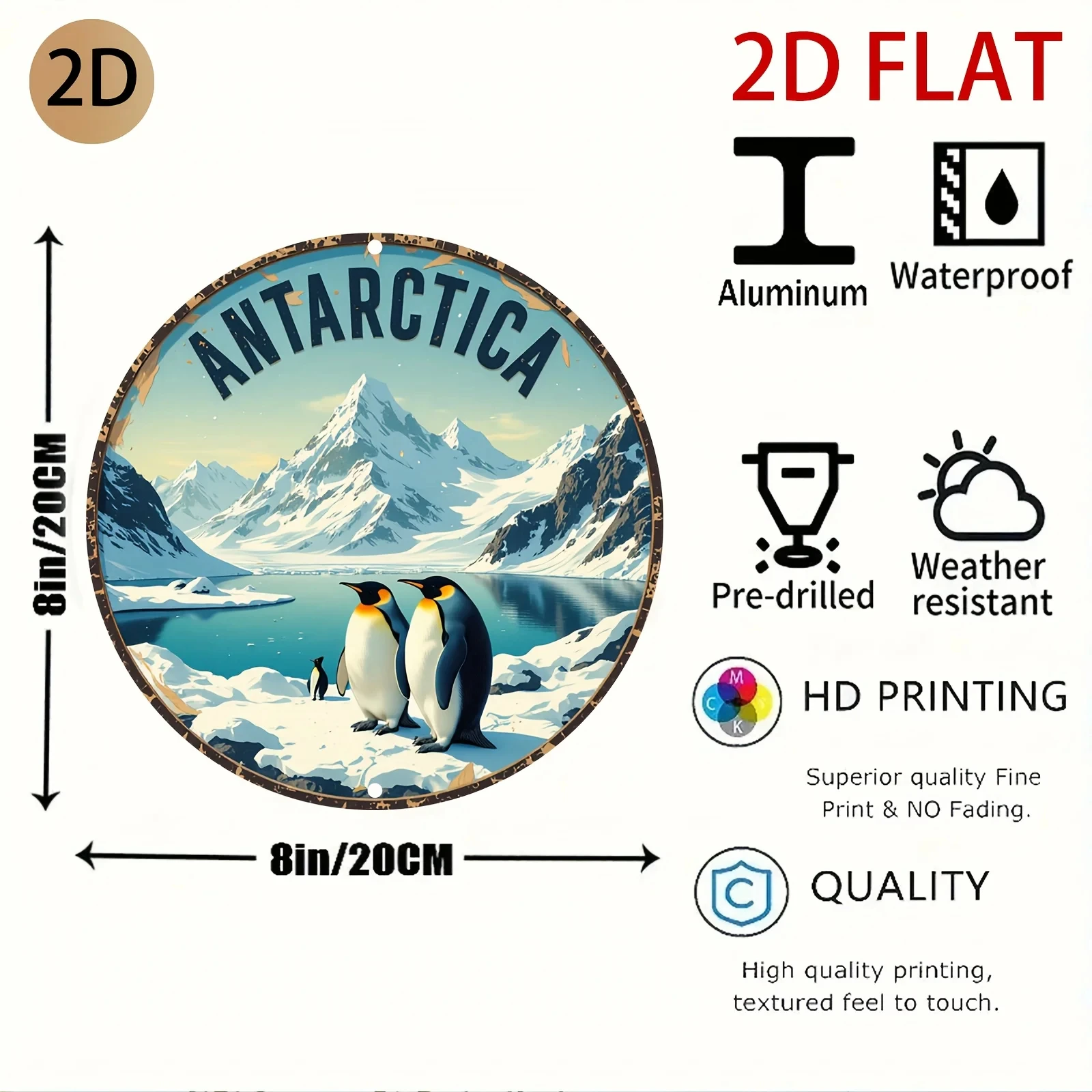 Hd Tin Sign, Antarctic Penguin Mountain Scene Round Metal Wall Art, Suitable for Vintage Travel Decoration in Home or Office