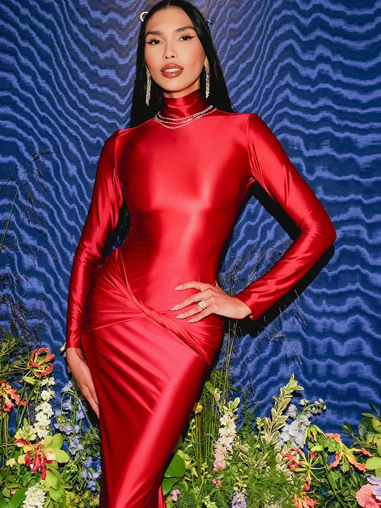 NibberTurtleneck Seide Satin Maxi Kleid Frau Volle Hülse Knick Taille Design Mitternacht Herbst Trend Prom Party Elegante Vestidos