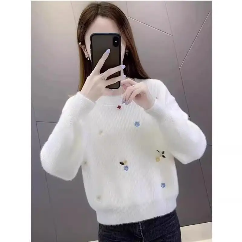 

Sweater Women's Autumn and Winter 2024 New Loose Women's Embroidered Bottoming Shirt Small Fashionable Short Tops