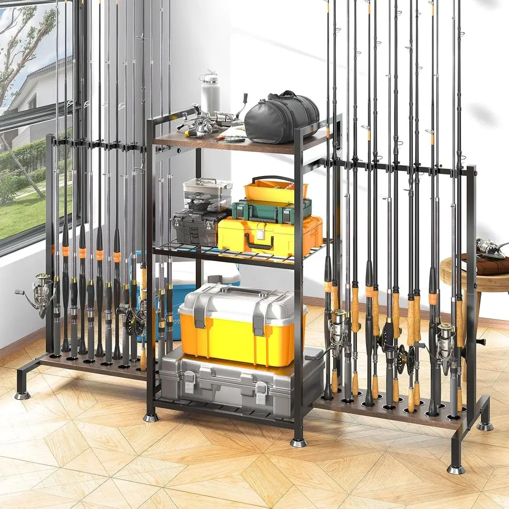 

Держатель для 28 удочек, напольная стойка для удилищ, 3-сторонняя подставка для удочек или ящик для снастей, рыболовные принадлежности, демонстрационный стенд