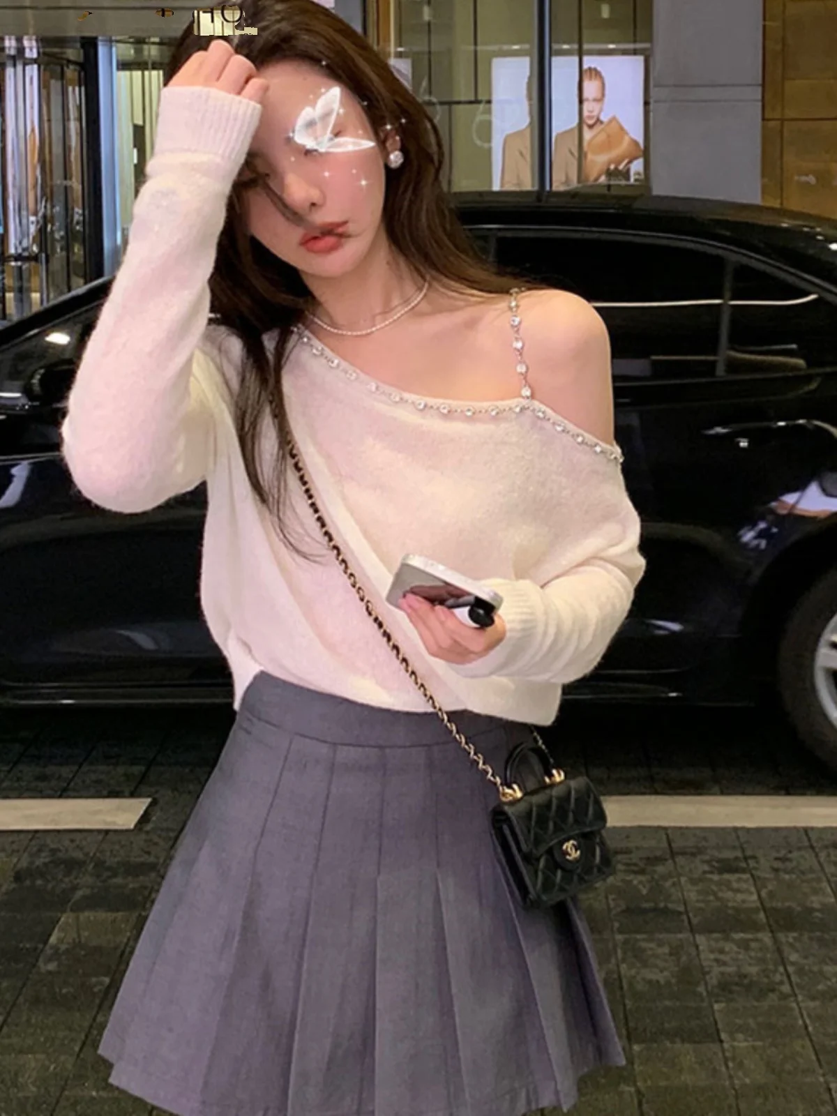 

Elegant Shoulder-Bared Knitwear Skirt Set Women's Fashion Autumn Collection Pure Desire Style Two-Piece Suit by Chinese