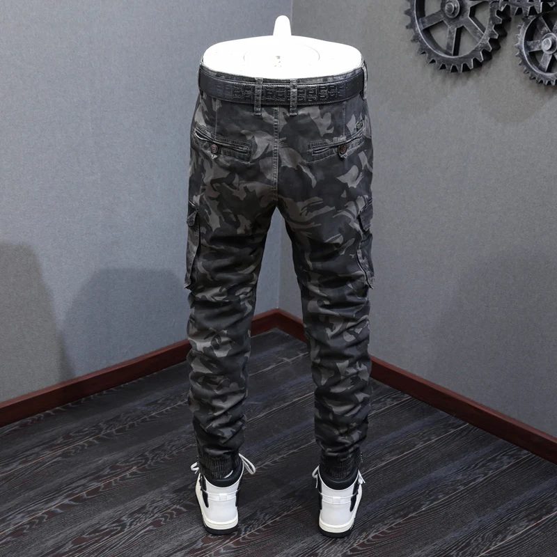 Calça Cargo Camo com Bolso Grande para Homem, Jeans Casual, Bottom Zipper, Designer Hip Hop Joggers, Streetwear Moda