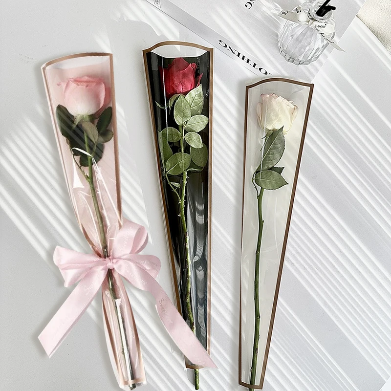 50pcs Single Rose Flower Wrapping Bag Transparent Waterproof Flower Bouquet Packaging Bags Wedding Graduation Party Gifts Decor