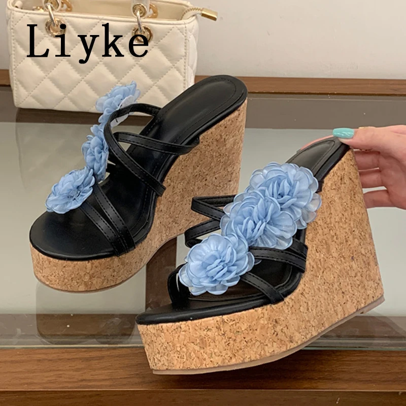 

Liyke Summer Fashion Blue Flower Peep Toe Wedges Platform Heels Women Slippers Sandals Party Dress Ladies Shoes Zapatos Mujer