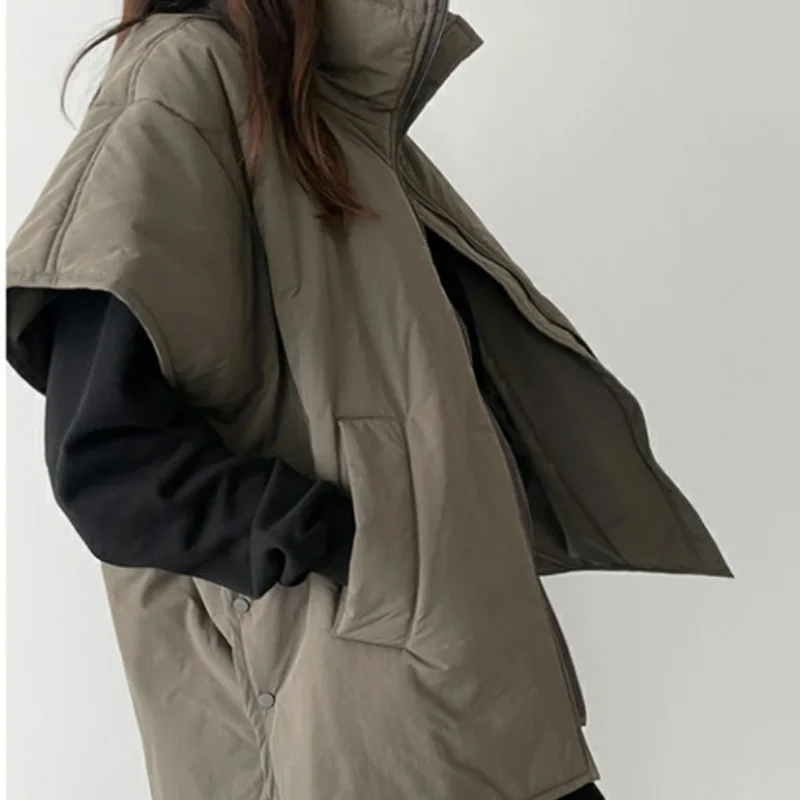 

Винтажная хлопковая куртка с высоким воротником в китайском стиле, женская новинка 2025, осень-зима, теплая короткая повседневная жилетка с карманами и рукавами, пальто на молнии