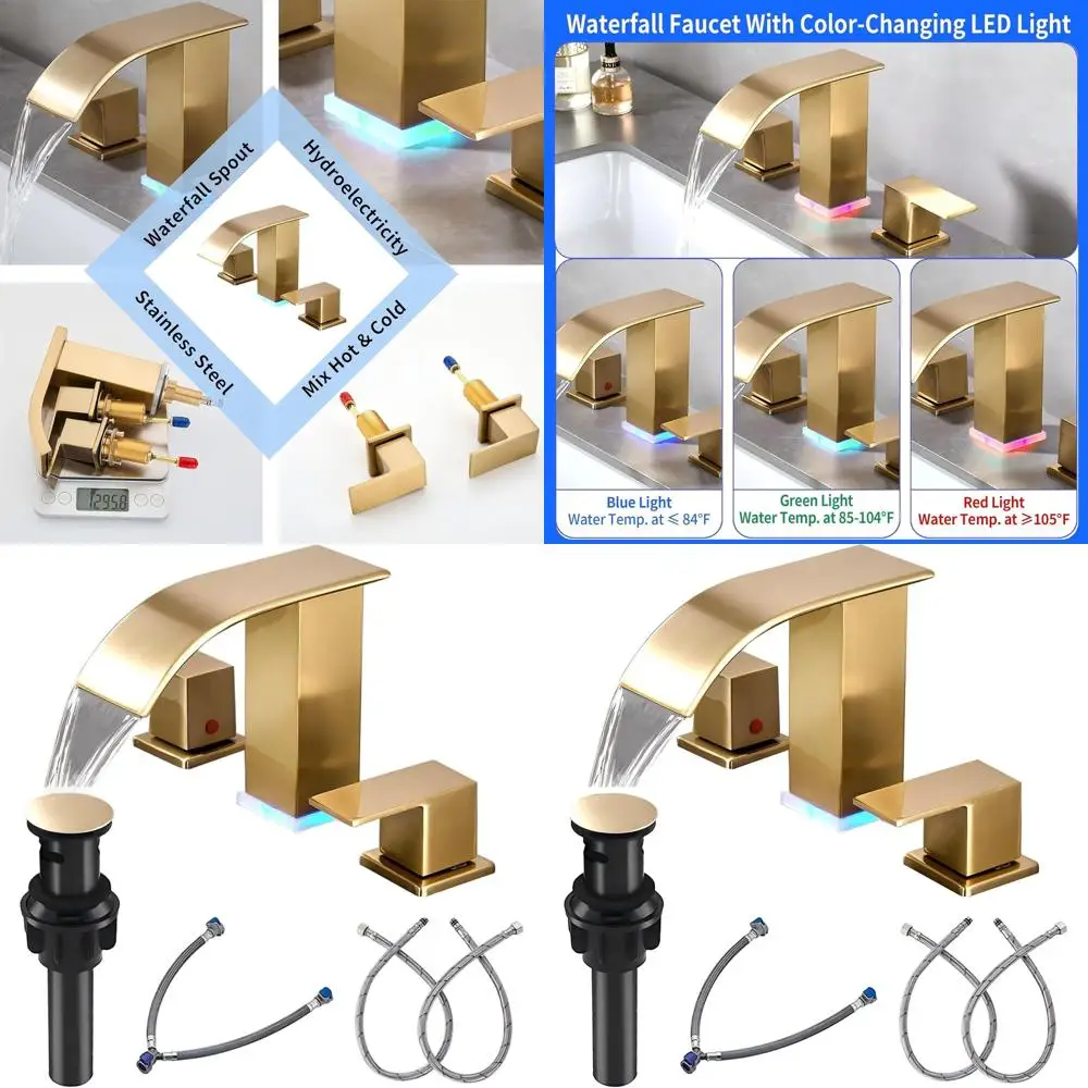 

Modern 3-Hole 2-Handle Brushed Gold LED Bathroom Sink Faucet, 8 Widespread Vanity Fixture