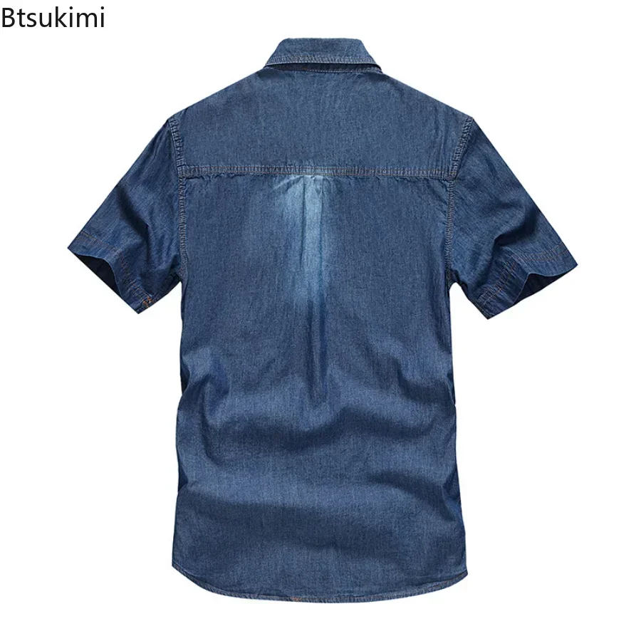 2025 Herren Sommer Kurzarm Denim Shirts Doppeltasche Feste Beiläufige Cowboy Jeans Shirts Männer Designer Blaue Bluse Shirts M-5XL