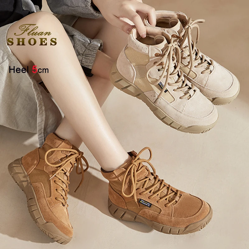 

Новинка 2023 года, осенне-зимние коричневые женские ботильоны, кожаные уличные походные ботинки, кроссовки из матовой воловьей кожи с круглым носком, ботинки ﻿