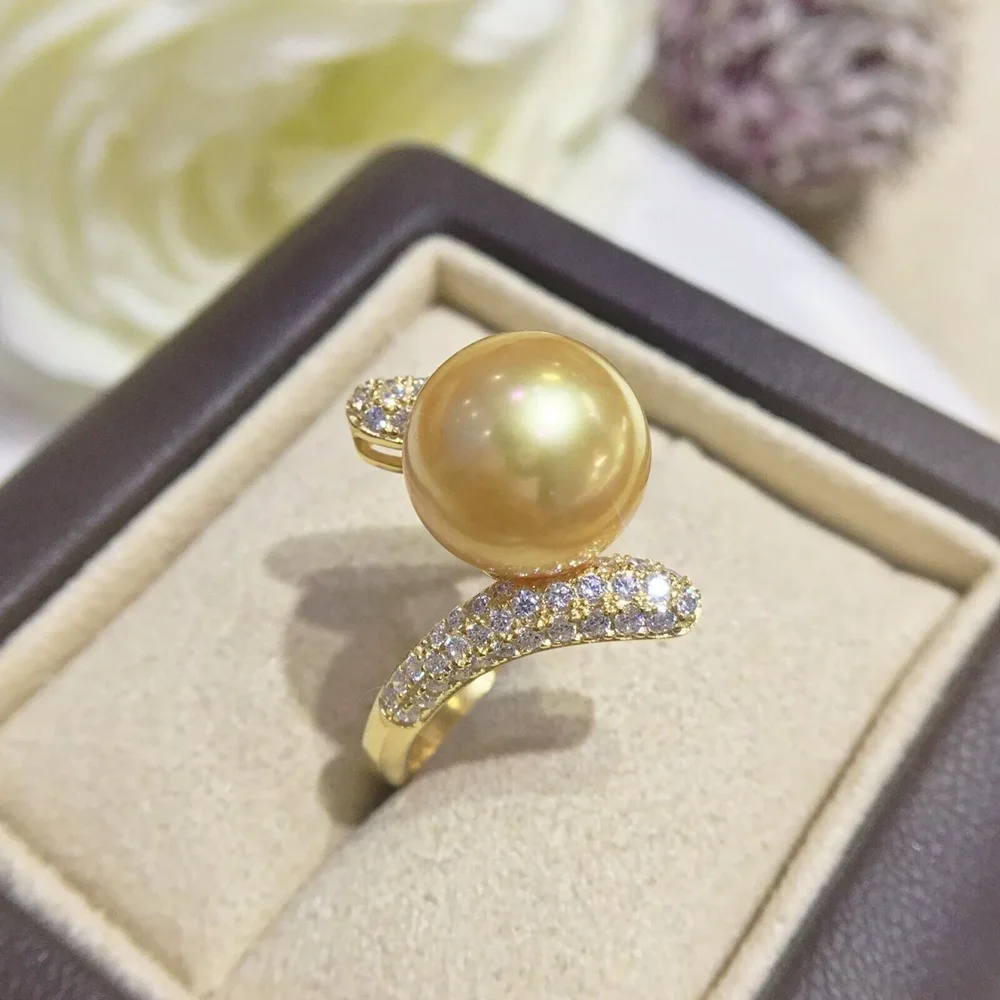 Gorgeous AAA 10-11mm 9-10mm Round Natural South Sea Gold Pearl Ring 925S