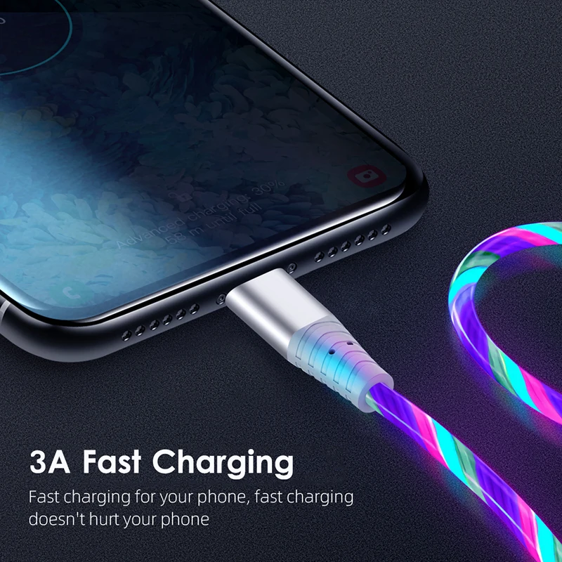 LED Glowing Cable 3A Fast Charging Cable Micro USB Type C High Speed Data Transfer Cable Flowing Streamer Light LED USB C Cord