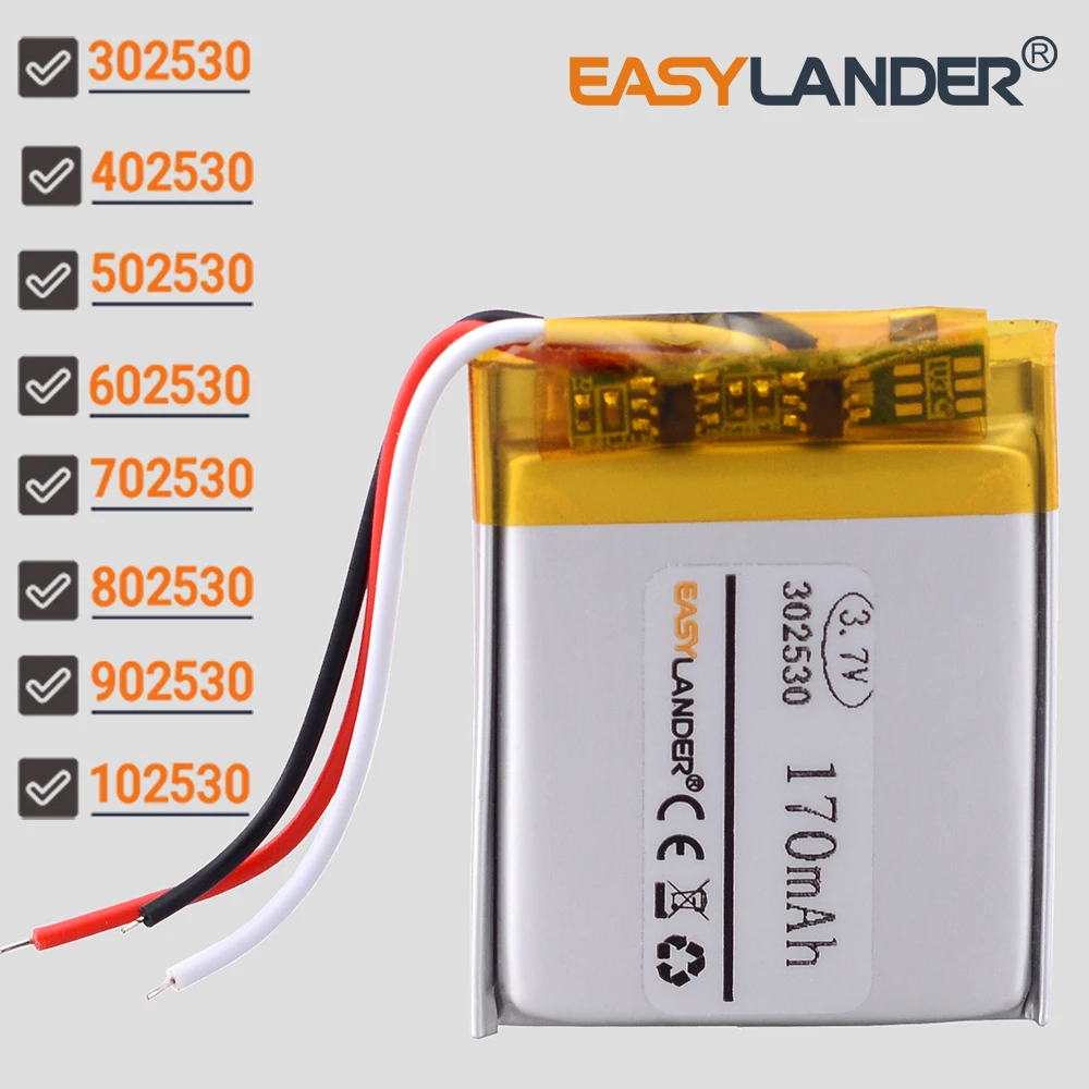 3Wires 302530 3.7V 200mAh Rechargeable Li Polymer lithium Lipo Battery 402530 502530 602530 702530 802530 902530 102530