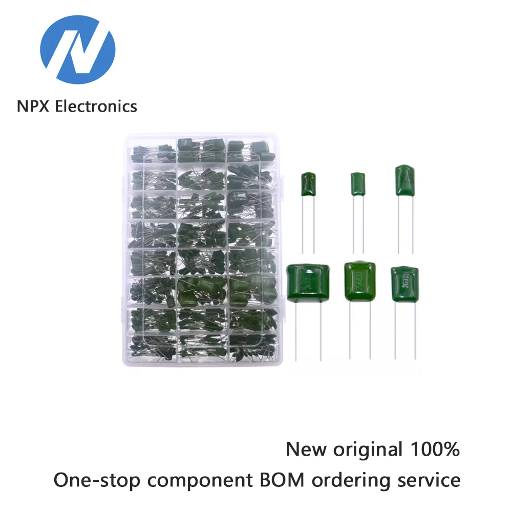 

24 типа полиэфирных конденсаторов из пленки 660, серия зеленого прямого вставления, 100 В, от 0,22 нФ до 470 нФ, комплект смешанной упаковки