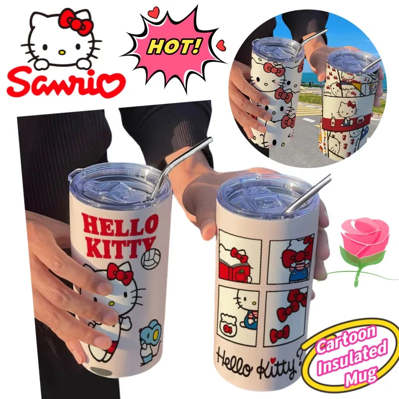 

sanrio hello kitty my melody pochacc pompompurin creative thermos cup with straw color value portable stainless steel coffee cup