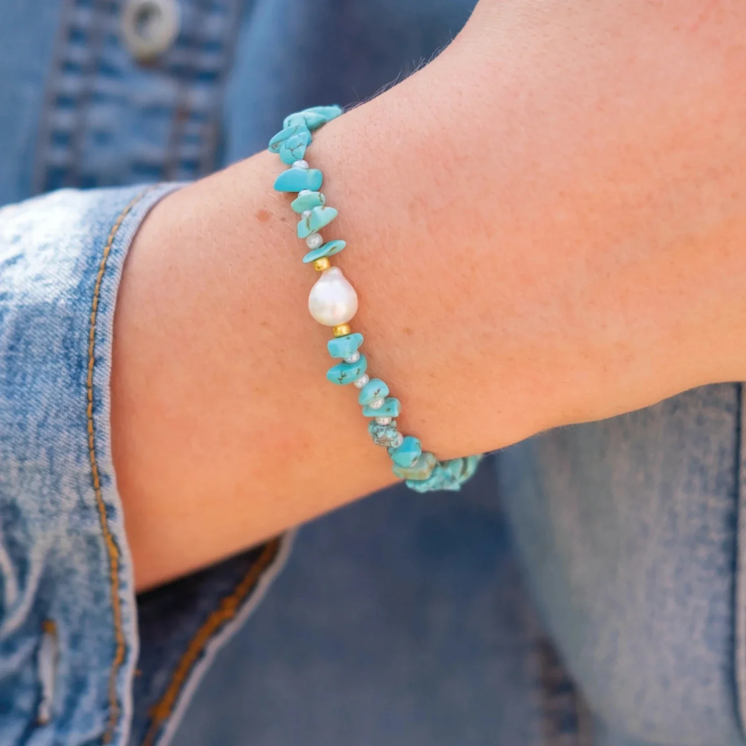 CCGOOD Irregular Turquoises Bracelet Freshwater Pearl Charm Bracelet for Women Boho Summer Jewelry Elastic Pulseras Mujer