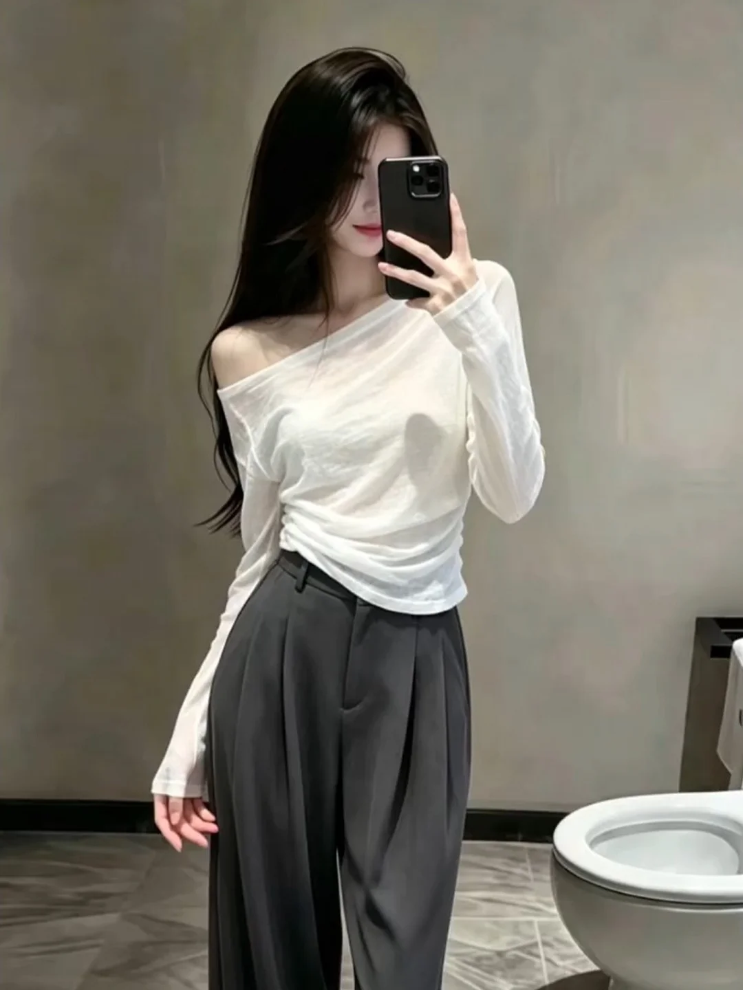 White One-Shoulder Long Sleeve Women's Wide Leg Pants Two-Piece Set Early Autumn Fashion Korean Style Breathable Lightweight ...