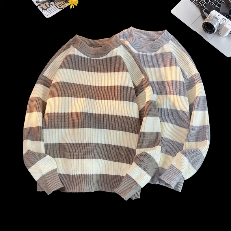 2024 Men\'s Winter Sweater Harajuku Fashion Striped Sweter Oversize Pullover Warm Knitted Sweater Men\'s Clothing