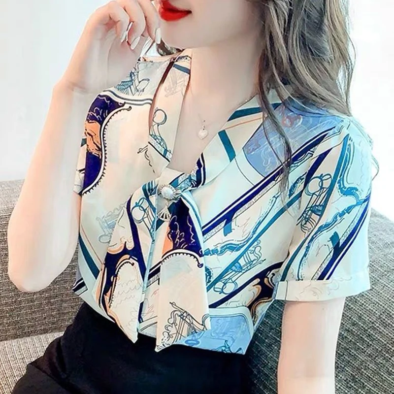 Summer New Temperament Short Sleeve Printing Shirt Tops Bow Patchwork Loose Plus Size Blouse Vintage Fashion Women Clothing