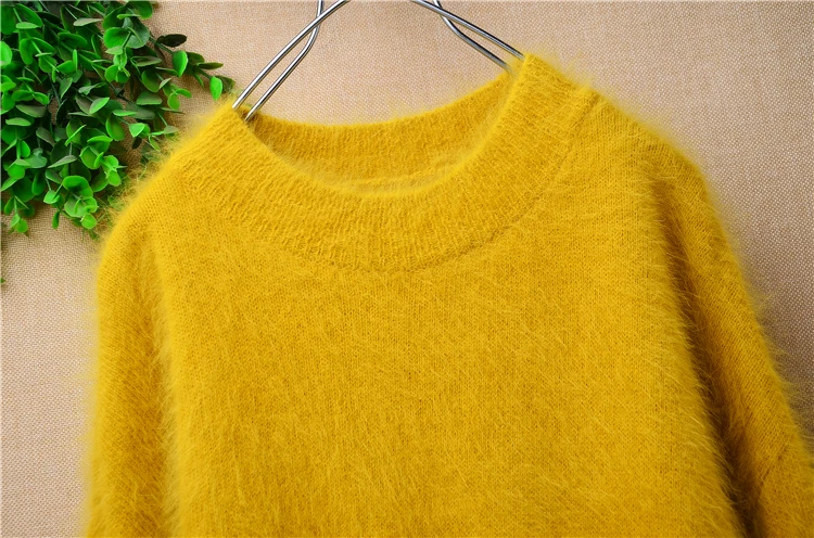 Female Women Fall Winter Clothing Fashion Angora Rabbit Hair Knitted Tied Long Sleeves O-Neck Loose Pullover Sweater Jumper Pull