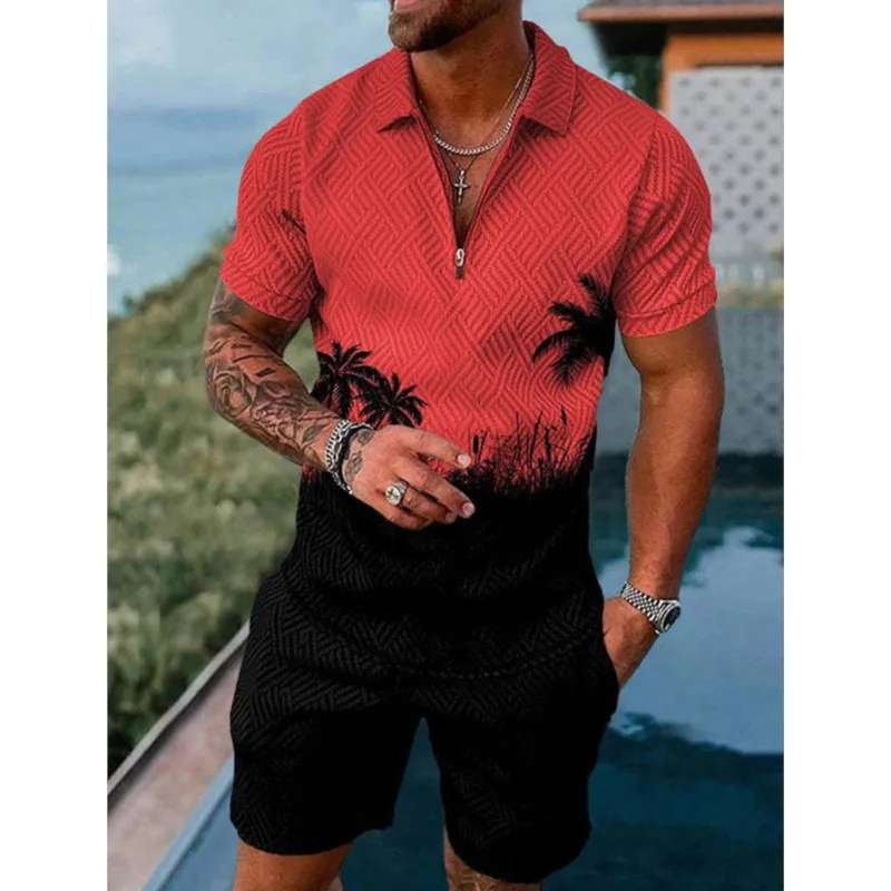 

Мужские комплекты с короткими рукавами в гавайском пляжном стиле с 3D принтом кокосовой пальмы, модные топы-поло на молнии, шорты, летняя свободная одежда из 2 предметов